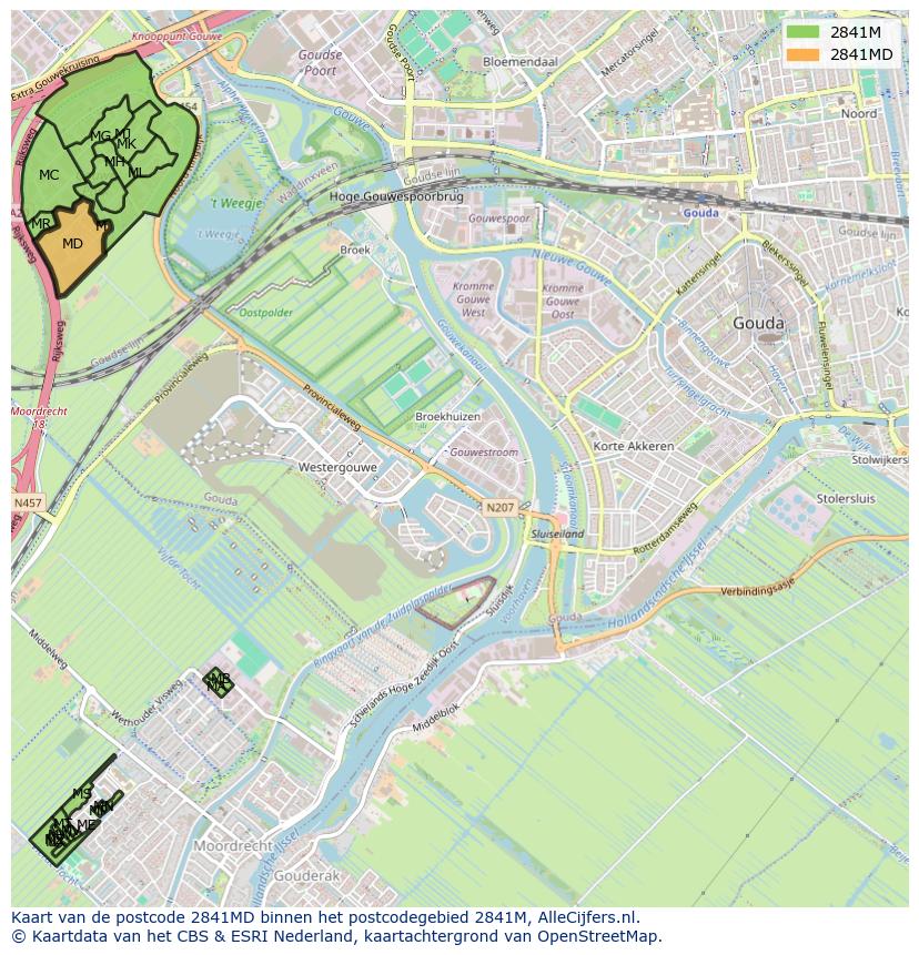 Afbeelding van het postcodegebied 2841 MD op de kaart.