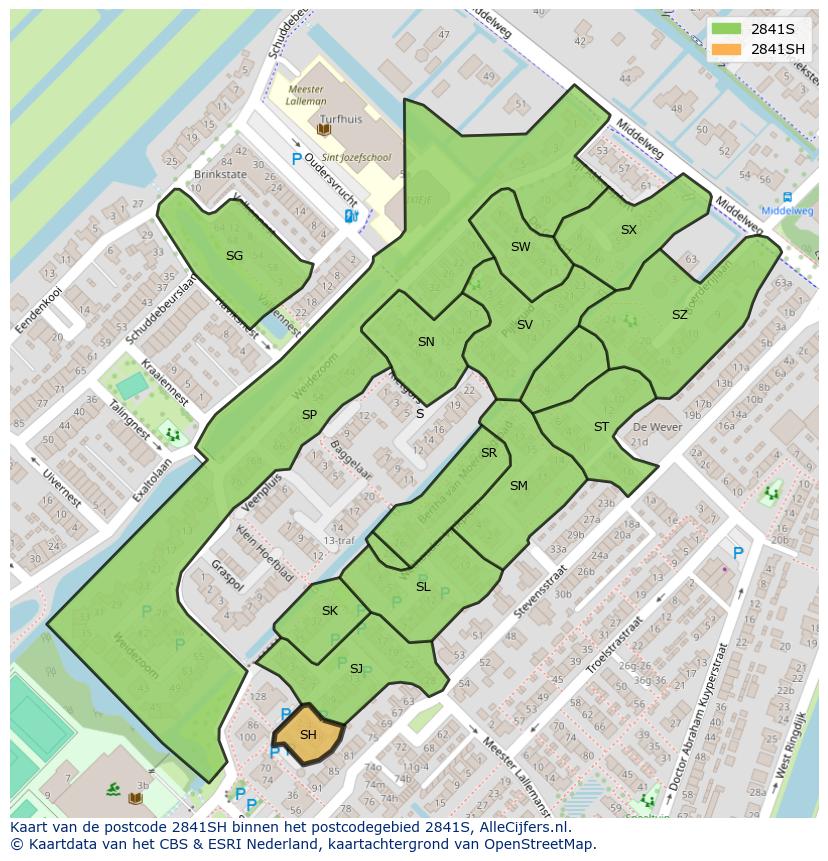 Afbeelding van het postcodegebied 2841 SH op de kaart.