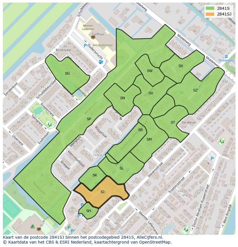 Afbeelding van het postcodegebied 2841 SJ op de kaart.
