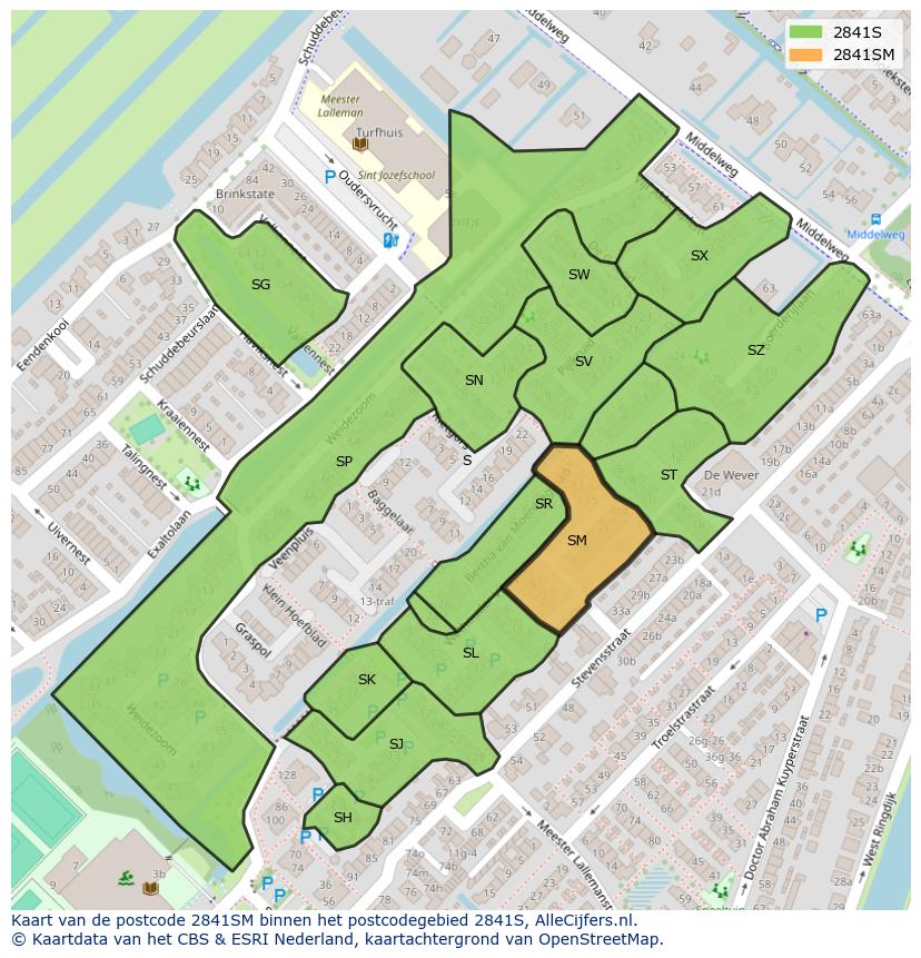 Afbeelding van het postcodegebied 2841 SM op de kaart.