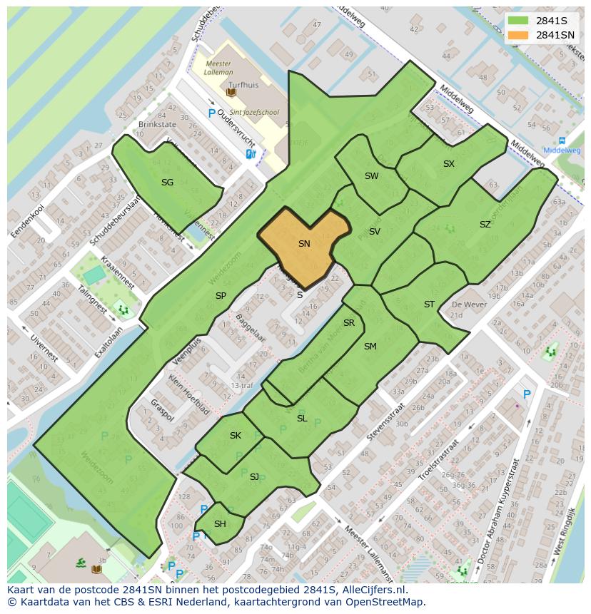 Afbeelding van het postcodegebied 2841 SN op de kaart.