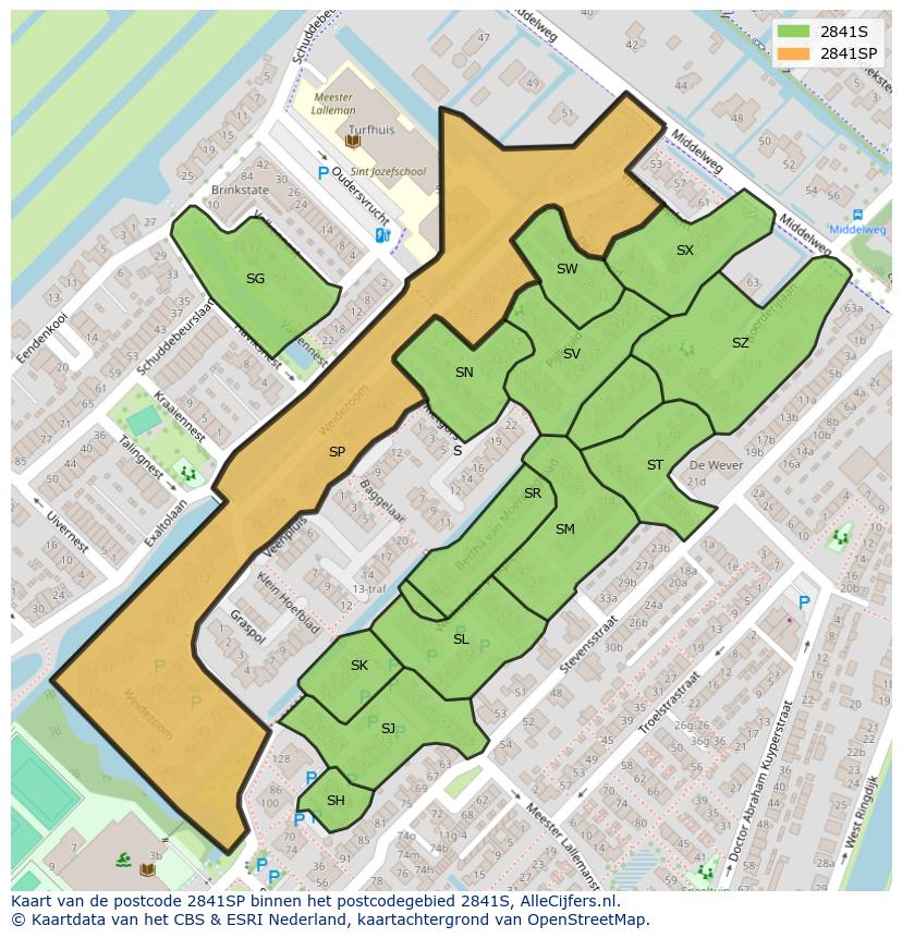 Afbeelding van het postcodegebied 2841 SP op de kaart.