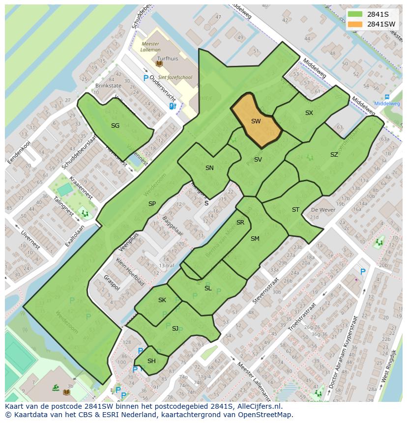 Afbeelding van het postcodegebied 2841 SW op de kaart.