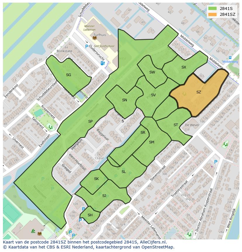 Afbeelding van het postcodegebied 2841 SZ op de kaart.