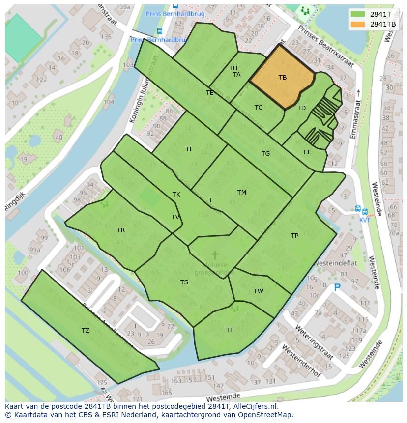 Afbeelding van het postcodegebied 2841 TB op de kaart.