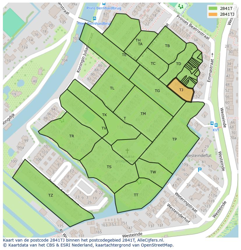 Afbeelding van het postcodegebied 2841 TJ op de kaart.