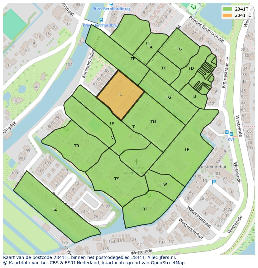 Afbeelding van het postcodegebied 2841 TL op de kaart.