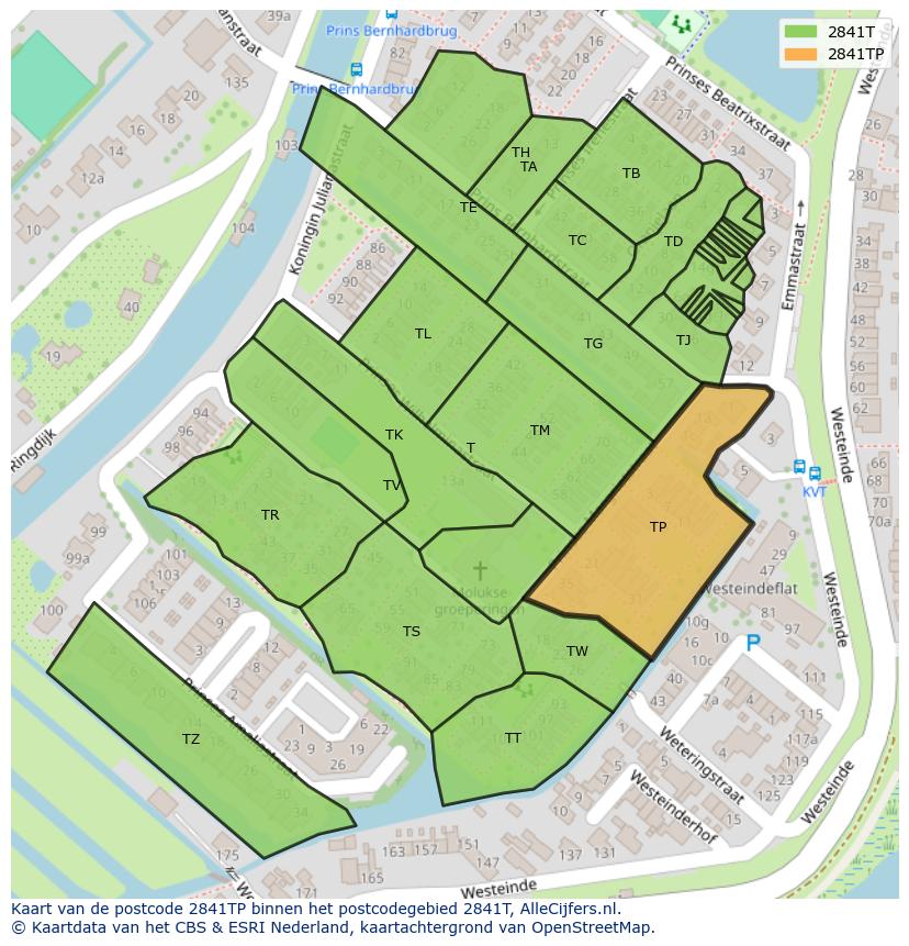 Afbeelding van het postcodegebied 2841 TP op de kaart.