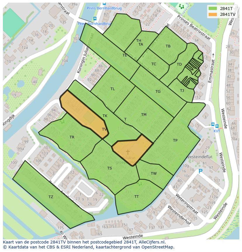 Afbeelding van het postcodegebied 2841 TV op de kaart.
