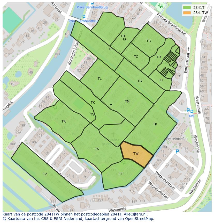 Afbeelding van het postcodegebied 2841 TW op de kaart.