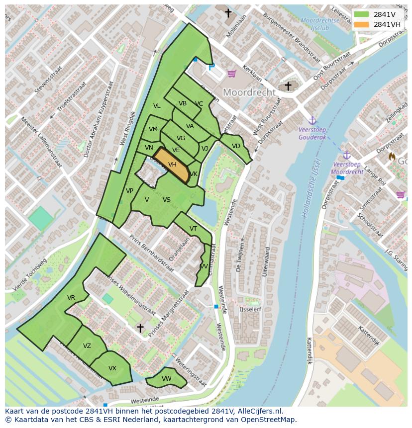 Afbeelding van het postcodegebied 2841 VH op de kaart.