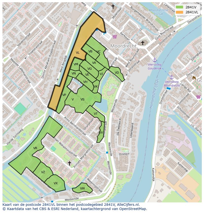 Afbeelding van het postcodegebied 2841 VL op de kaart.