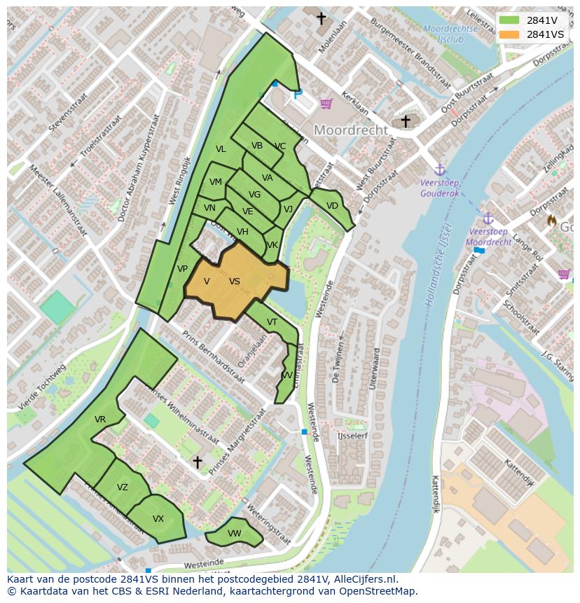 Afbeelding van het postcodegebied 2841 VS op de kaart.