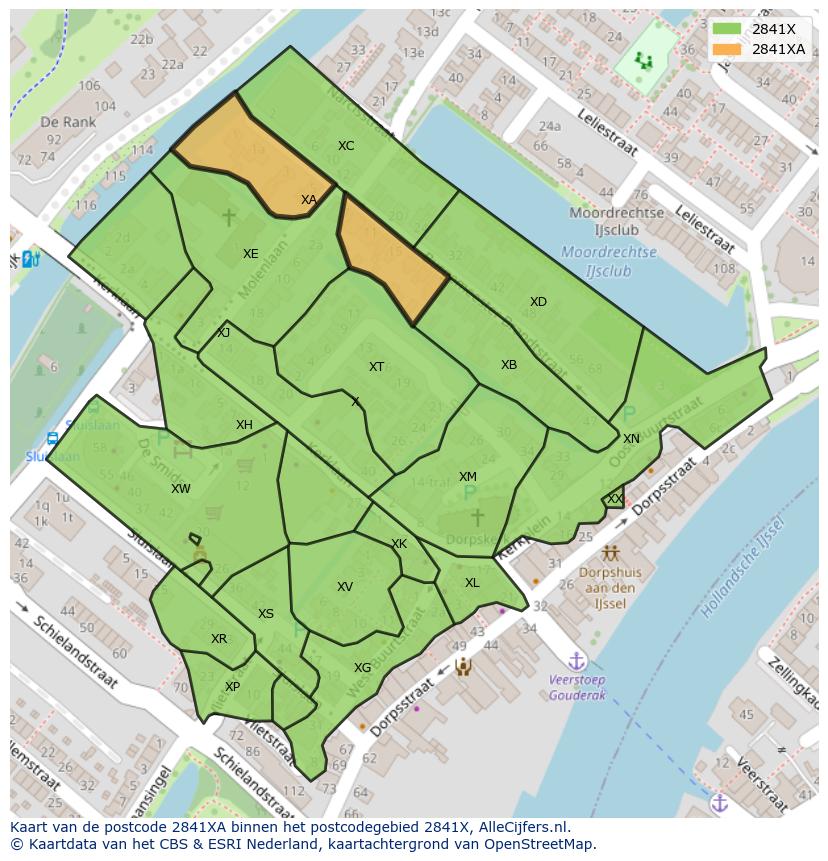 Afbeelding van het postcodegebied 2841 XA op de kaart.