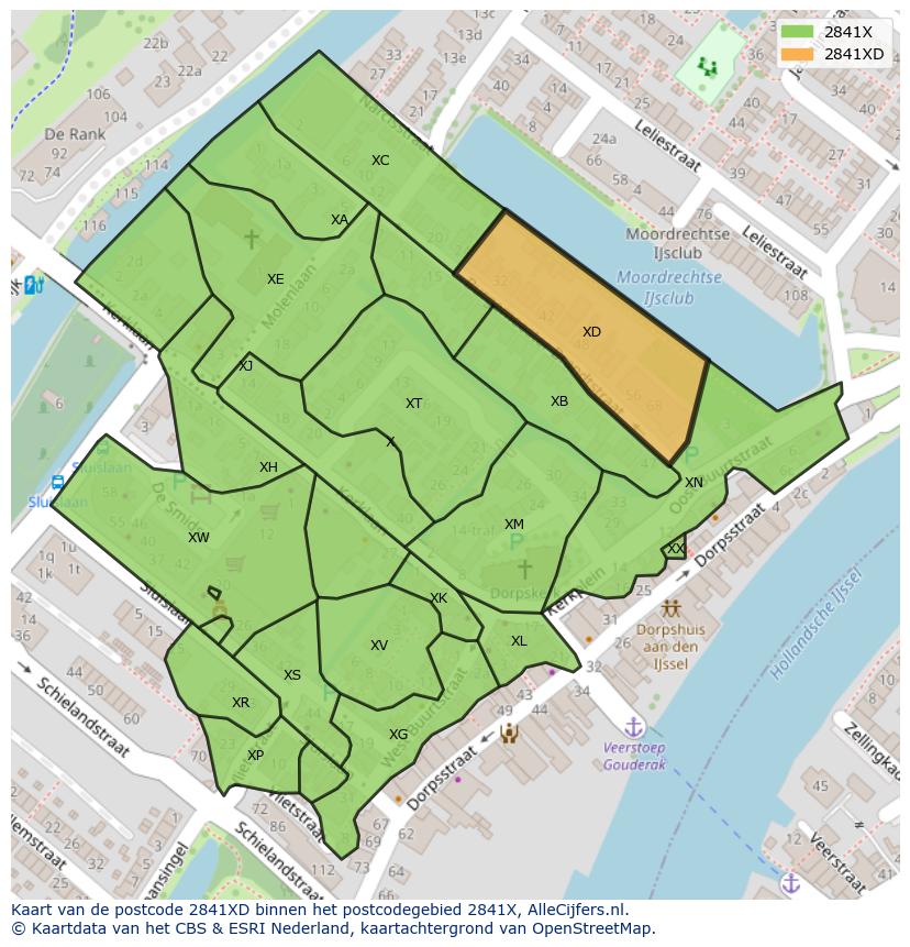 Afbeelding van het postcodegebied 2841 XD op de kaart.