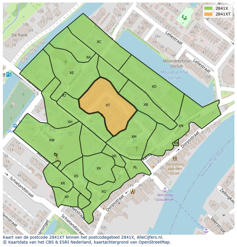 Afbeelding van het postcodegebied 2841 XT op de kaart.
