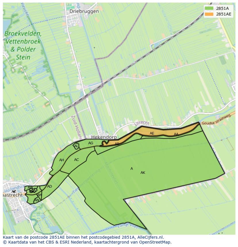 Afbeelding van het postcodegebied 2851 AE op de kaart.