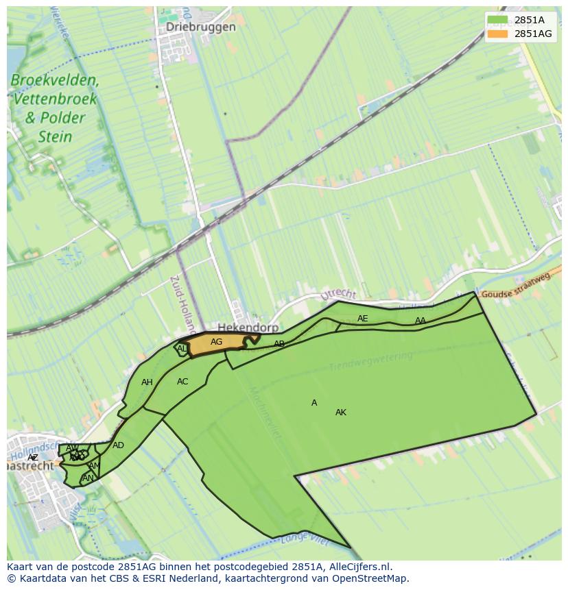 Afbeelding van het postcodegebied 2851 AG op de kaart.