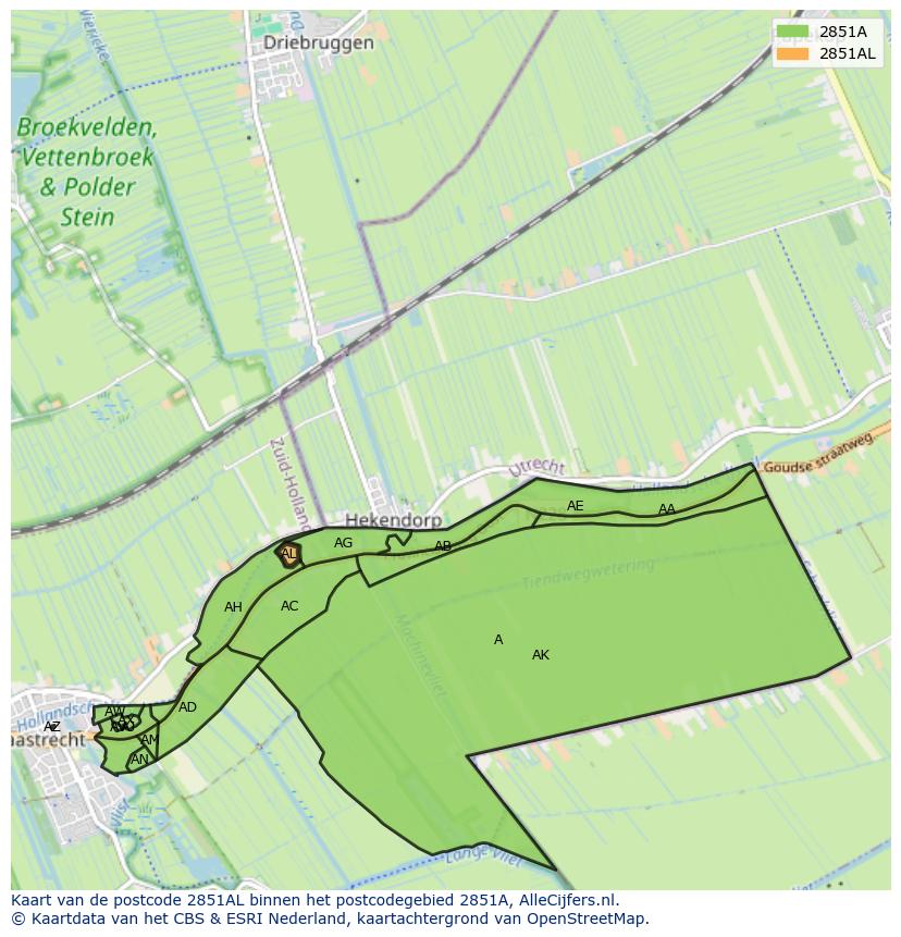 Afbeelding van het postcodegebied 2851 AL op de kaart.