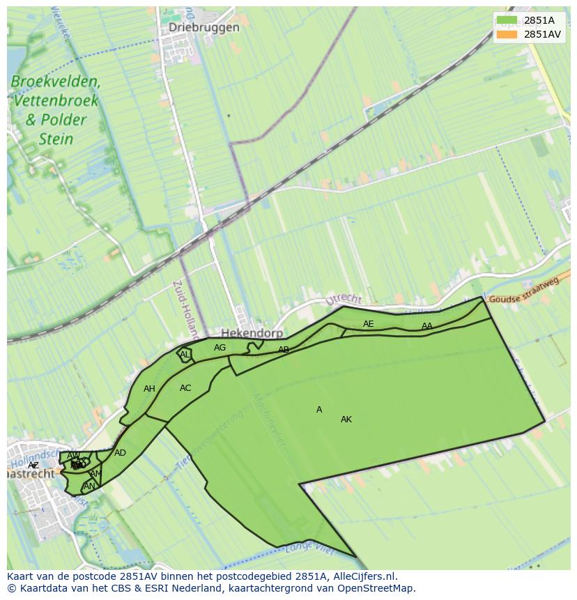 Afbeelding van het postcodegebied 2851 AV op de kaart.