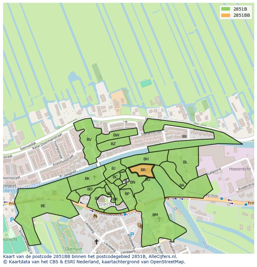 Afbeelding van het postcodegebied 2851 BB op de kaart.