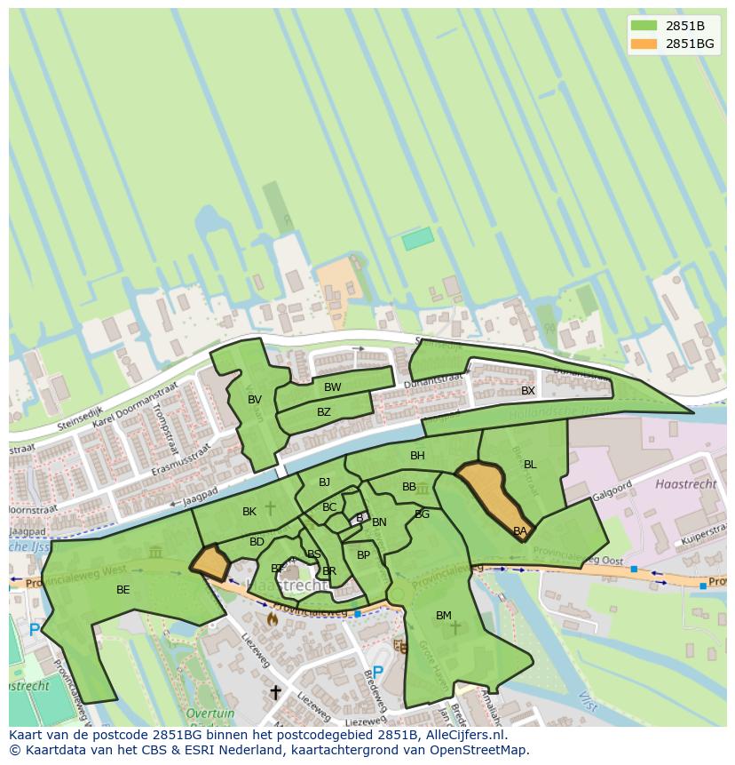 Afbeelding van het postcodegebied 2851 BG op de kaart.