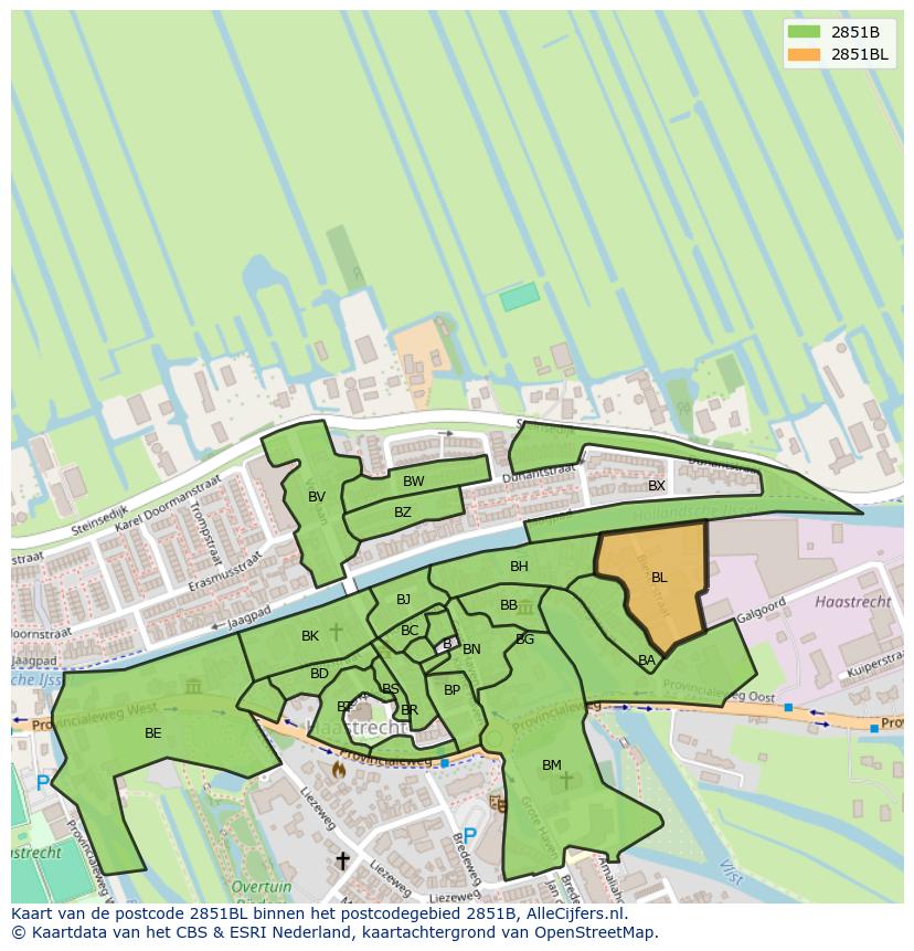 Afbeelding van het postcodegebied 2851 BL op de kaart.