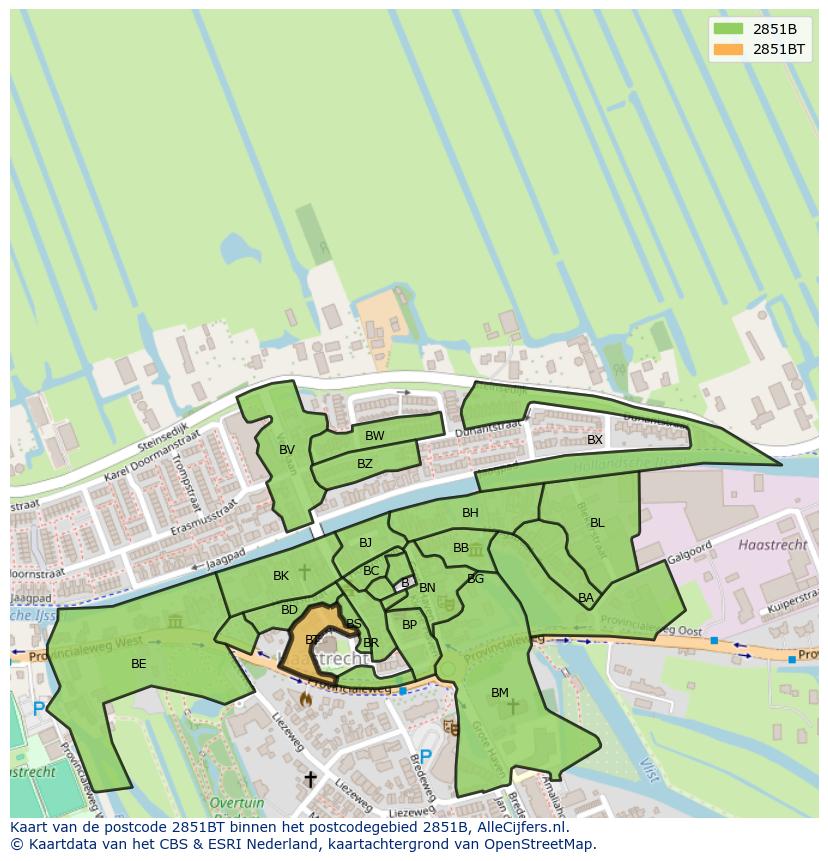 Afbeelding van het postcodegebied 2851 BT op de kaart.