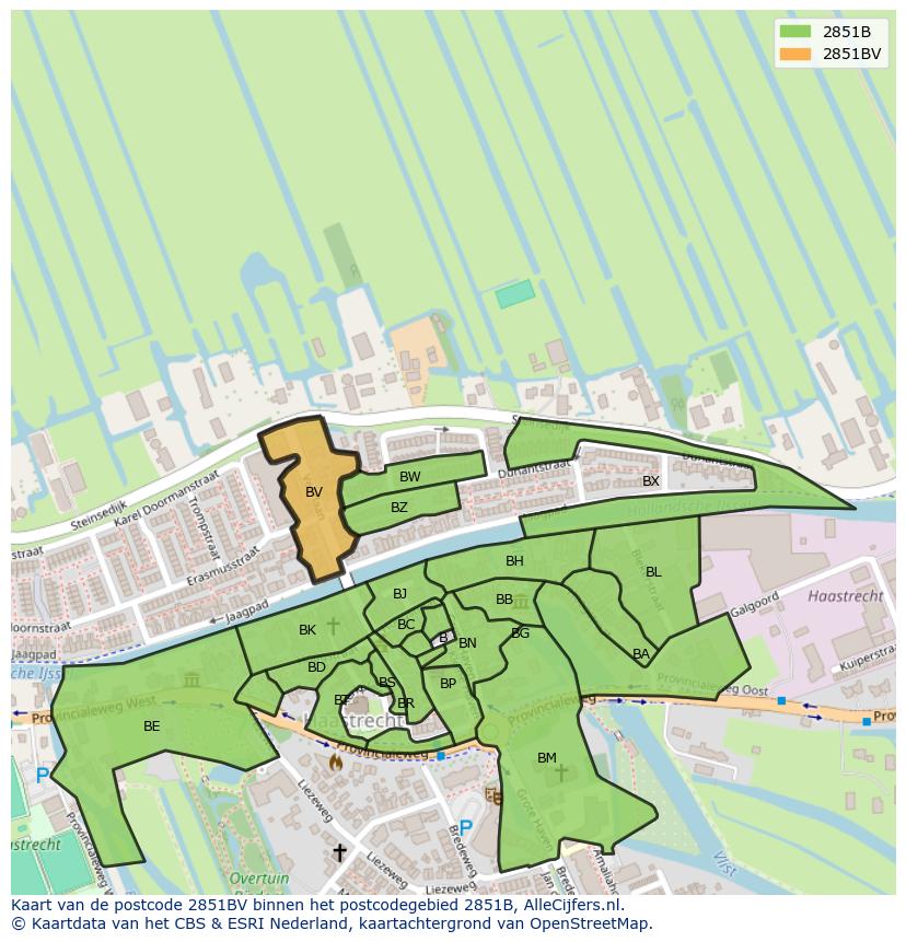 Afbeelding van het postcodegebied 2851 BV op de kaart.