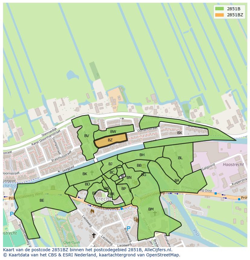 Afbeelding van het postcodegebied 2851 BZ op de kaart.