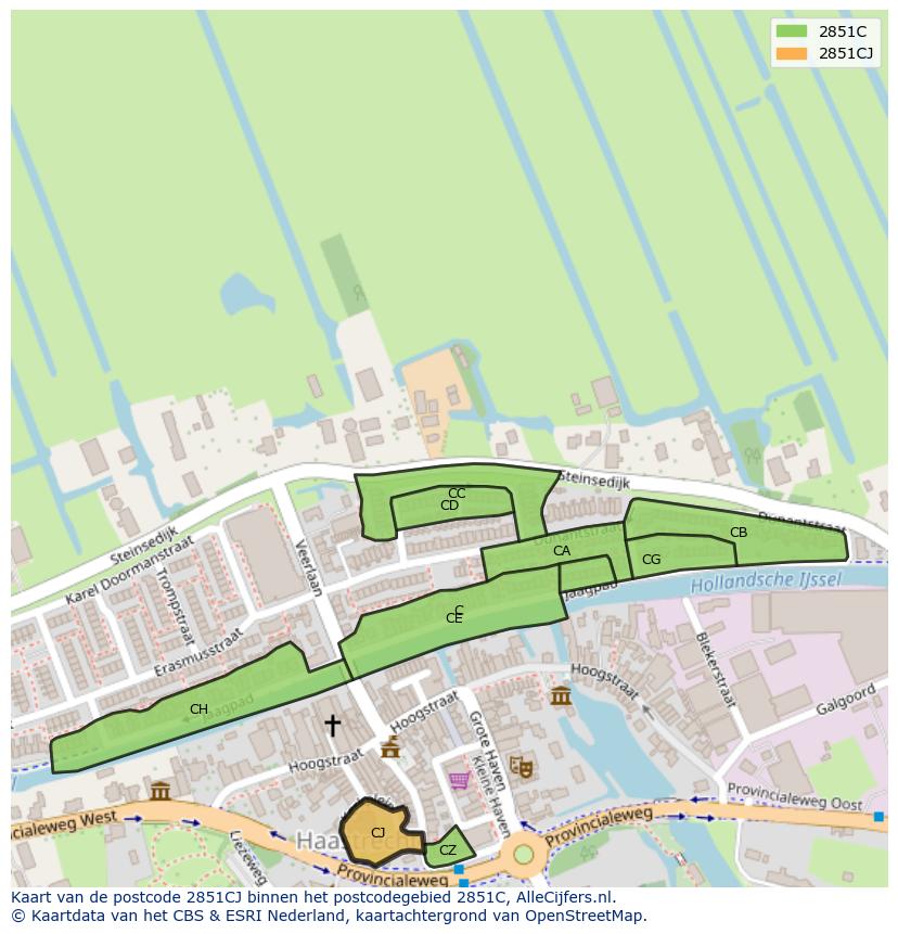 Afbeelding van het postcodegebied 2851 CJ op de kaart.