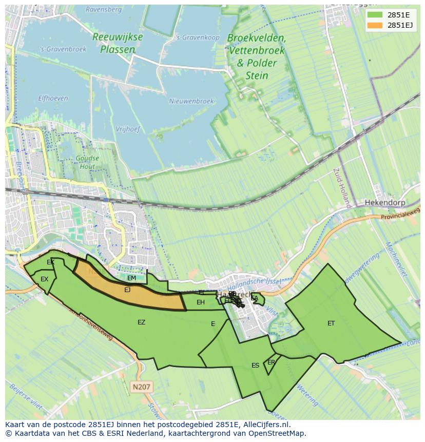 Afbeelding van het postcodegebied 2851 EJ op de kaart.