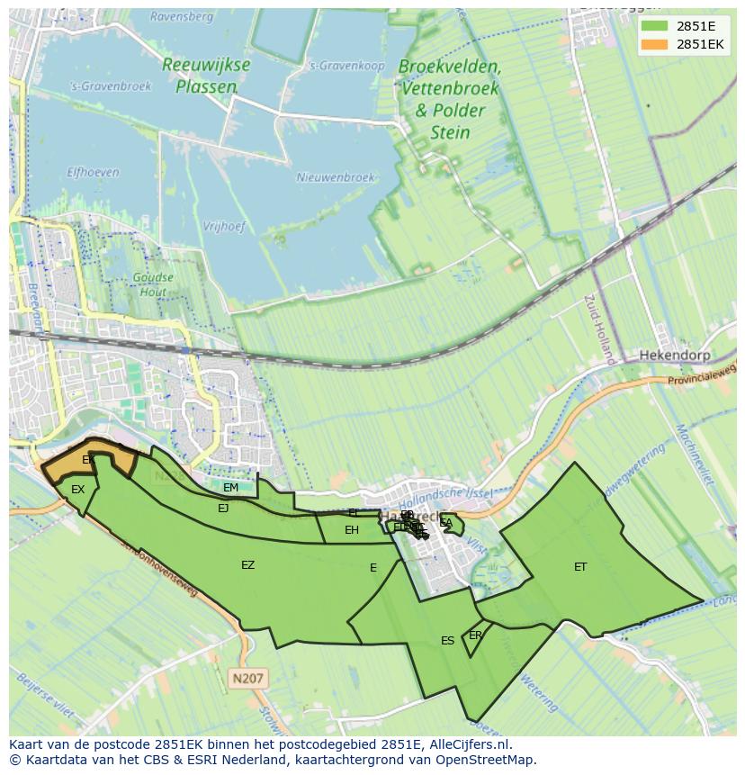 Afbeelding van het postcodegebied 2851 EK op de kaart.