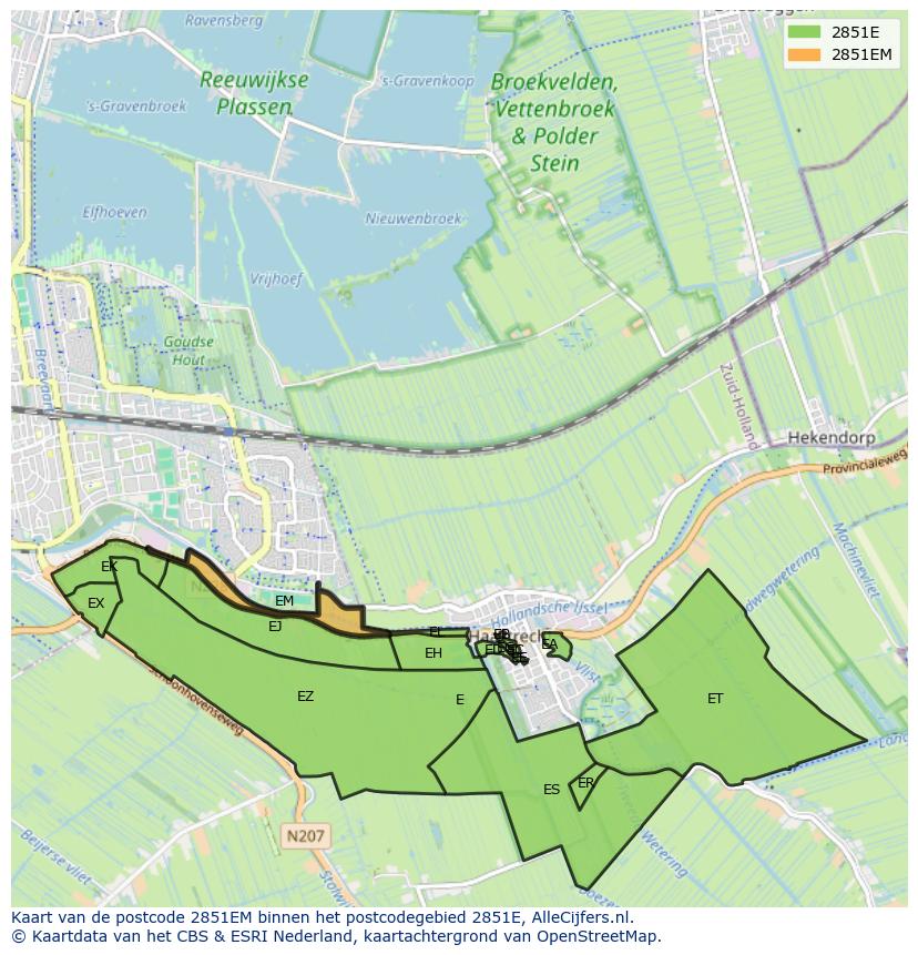 Afbeelding van het postcodegebied 2851 EM op de kaart.