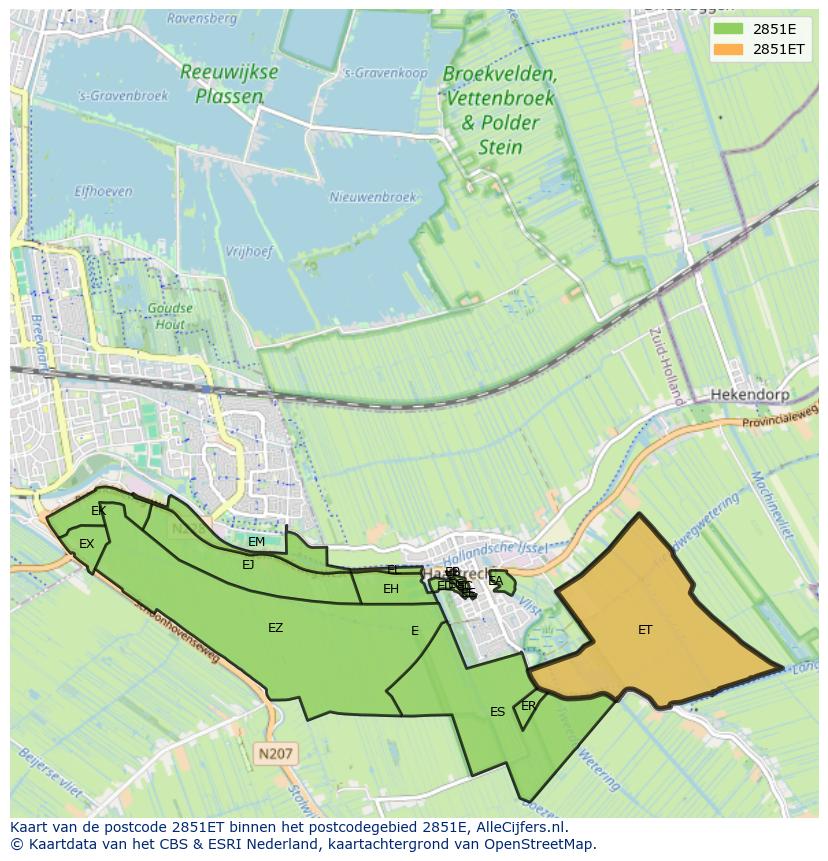 Afbeelding van het postcodegebied 2851 ET op de kaart.