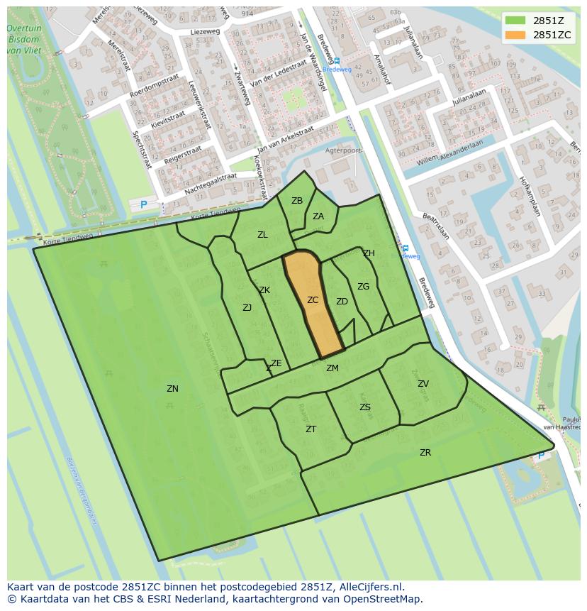 Afbeelding van het postcodegebied 2851 ZC op de kaart.
