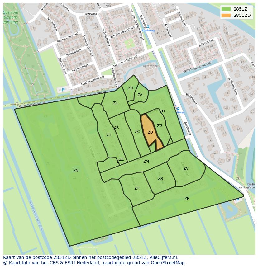 Afbeelding van het postcodegebied 2851 ZD op de kaart.
