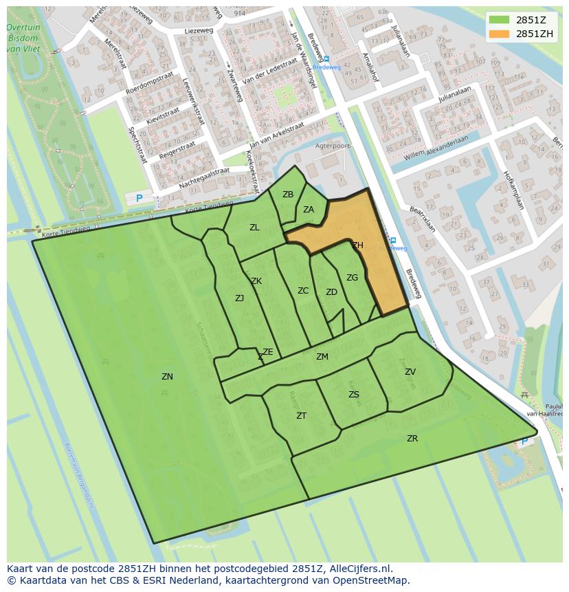 Afbeelding van het postcodegebied 2851 ZH op de kaart.