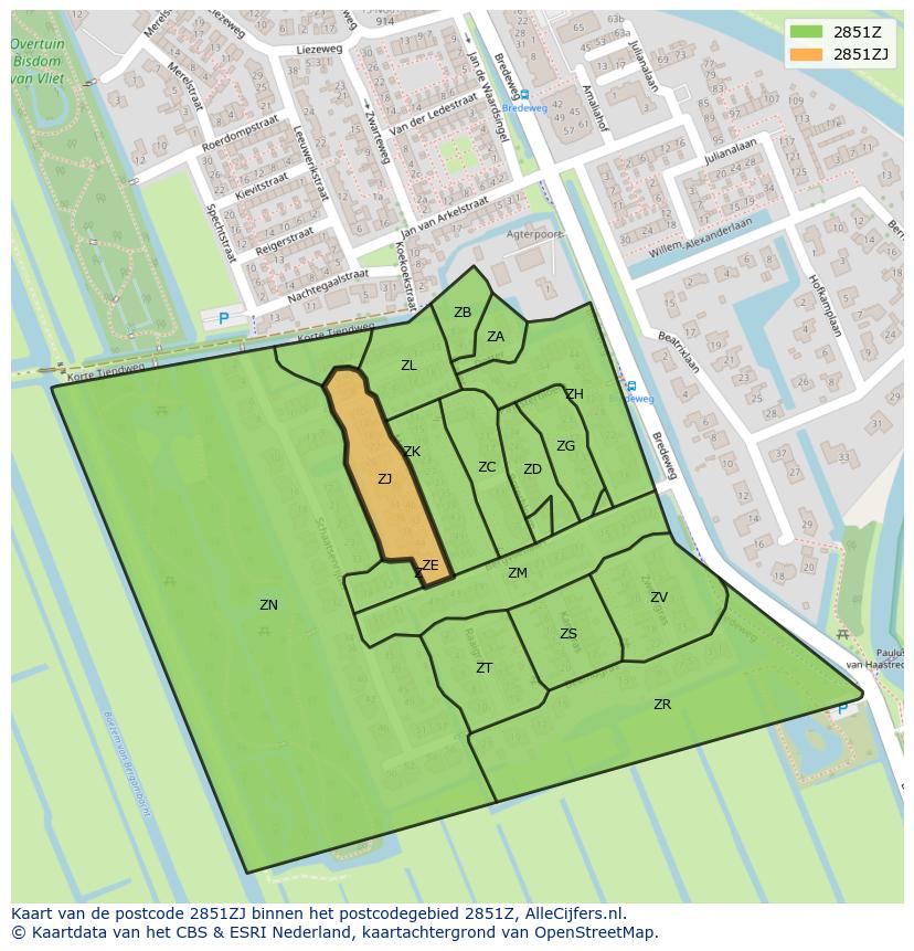 Afbeelding van het postcodegebied 2851 ZJ op de kaart.