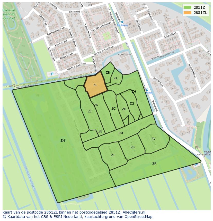 Afbeelding van het postcodegebied 2851 ZL op de kaart.
