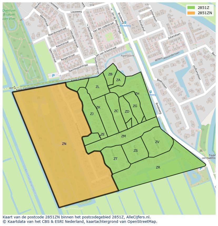 Afbeelding van het postcodegebied 2851 ZN op de kaart.