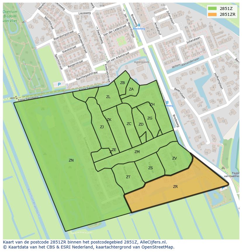 Afbeelding van het postcodegebied 2851 ZR op de kaart.