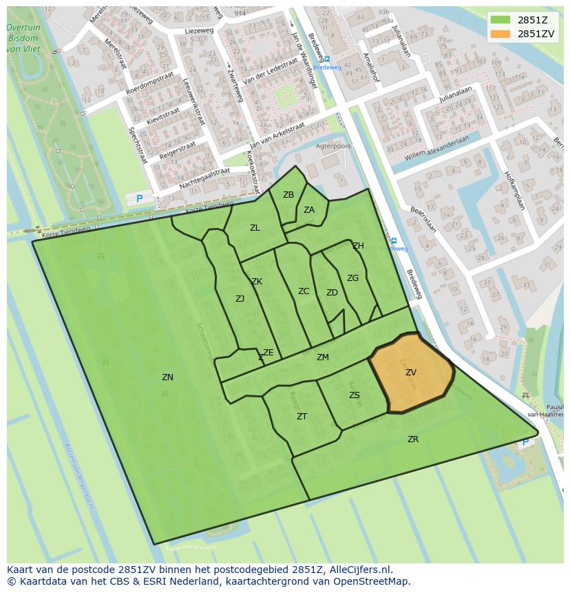 Afbeelding van het postcodegebied 2851 ZV op de kaart.