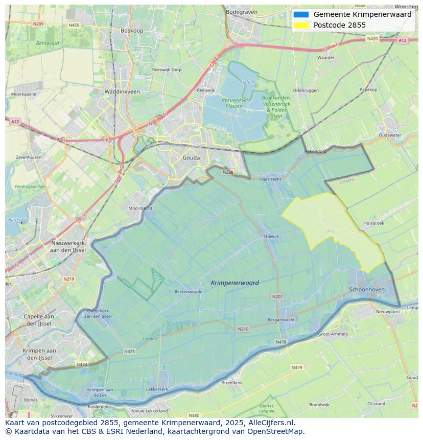 Afbeelding van het postcodegebied 2855 op de kaart.