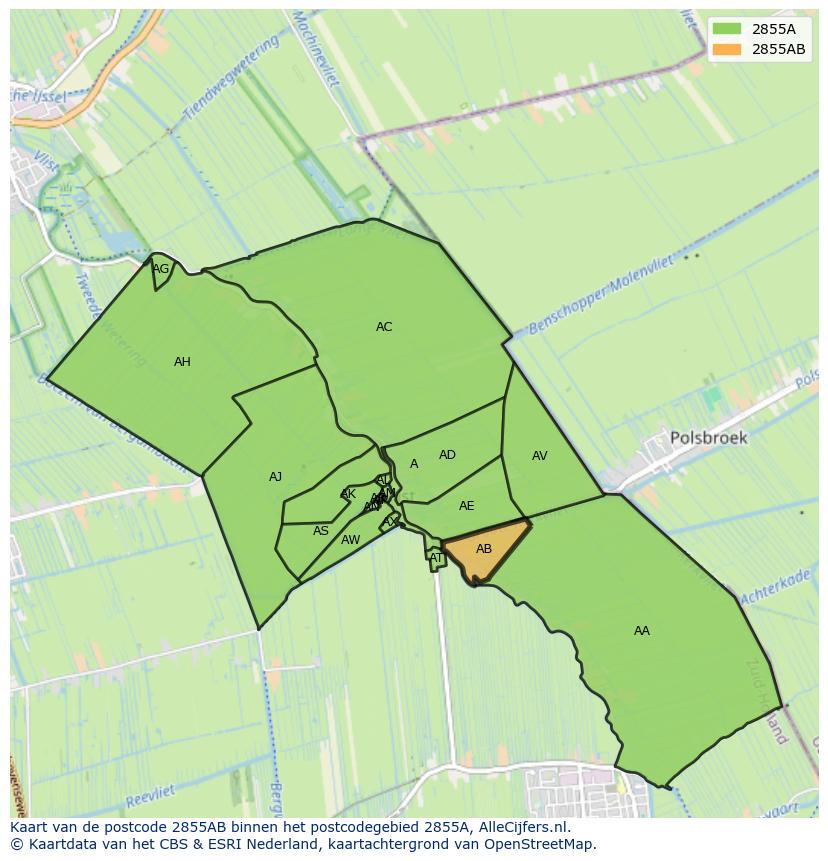 Afbeelding van het postcodegebied 2855 AB op de kaart.