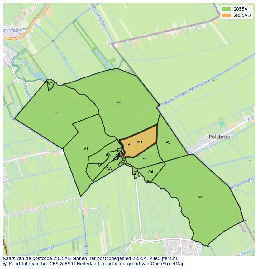 Afbeelding van het postcodegebied 2855 AD op de kaart.