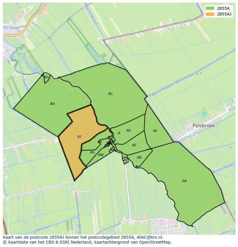 Afbeelding van het postcodegebied 2855 AJ op de kaart.