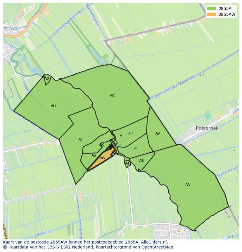 Afbeelding van het postcodegebied 2855 AW op de kaart.