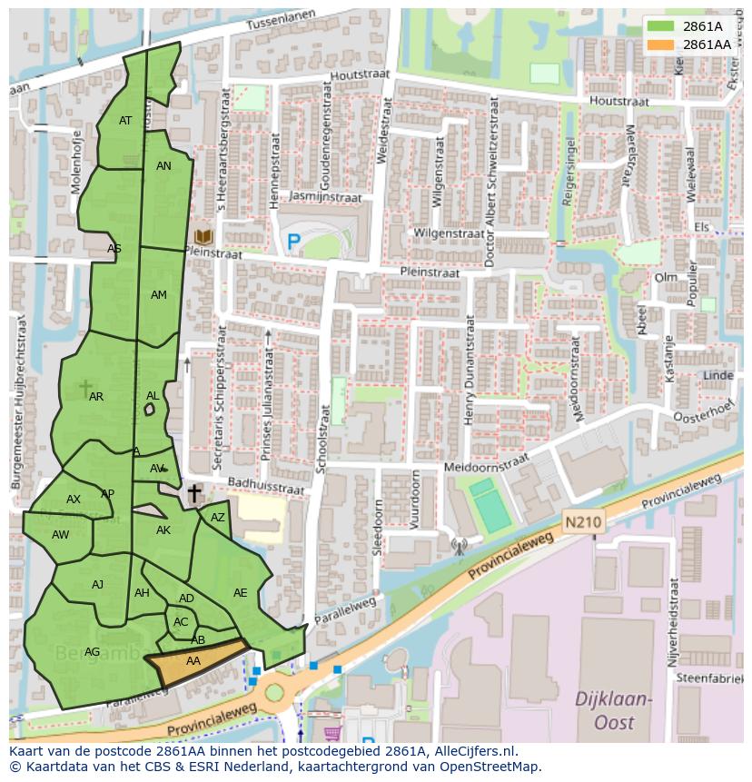 Afbeelding van het postcodegebied 2861 AA op de kaart.