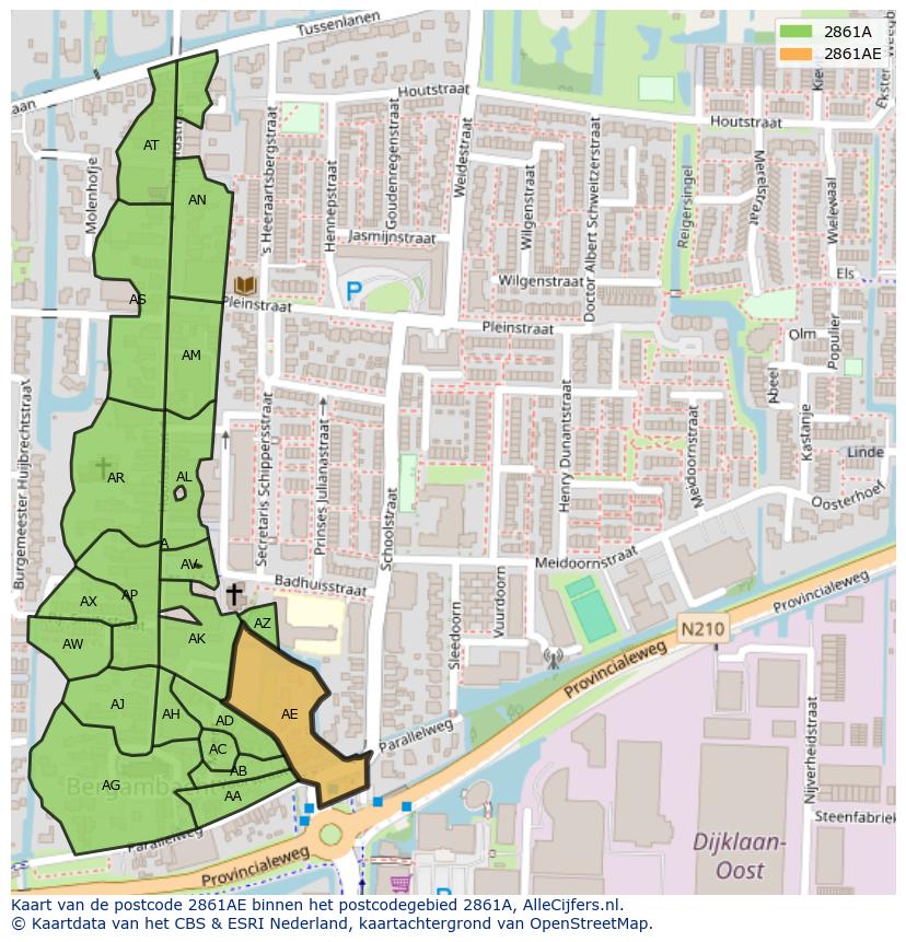 Afbeelding van het postcodegebied 2861 AE op de kaart.
